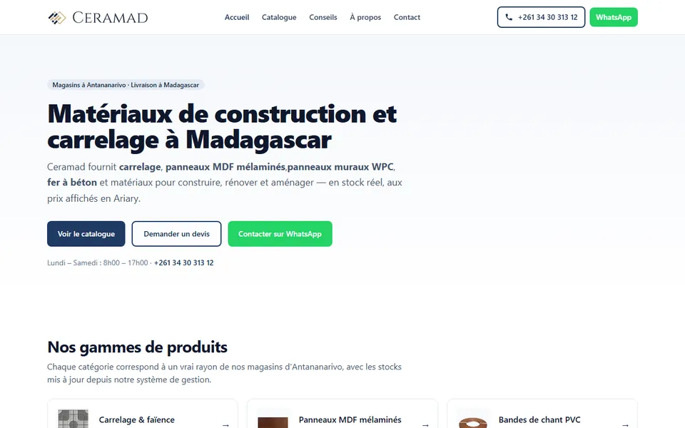 Page d’accueil du site Ceramad : matériaux de construction et carrelage à Madagascar